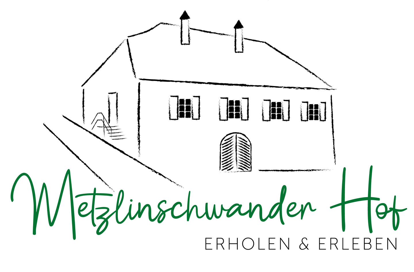 Zeichnung eines zweistöckigen Hauses mit Schriftzug "Metzlinschwander Hof" und Untertitel "ERHOLEN & ERLEBEN".