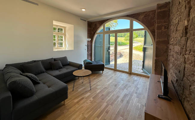 Ein modern eingerichtetes Wohnzimmer mit Sofa, Tisch, Fernseher und einer großen Tür, die auf einen gepflasterten Hof mit Grünflächen führt.
